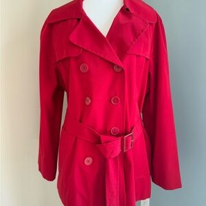 London Fog Red Trench Coat with Belt and Notched Lapel